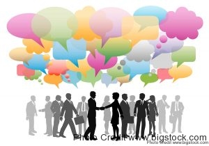 Business social media people network in a cloud of company speech bubbles colors.